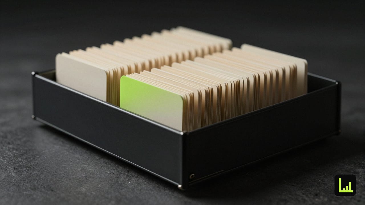 An open black card-index drawer of blank cream cards with one lime-green divider tab, the sorting metaphor for an agency client intake template.