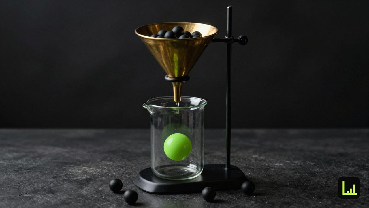 Dark matte spheres in a brass funnel with a single lime-green sphere passing through to the beaker below, the filtering metaphor for AI lead qualification for digital agencies.