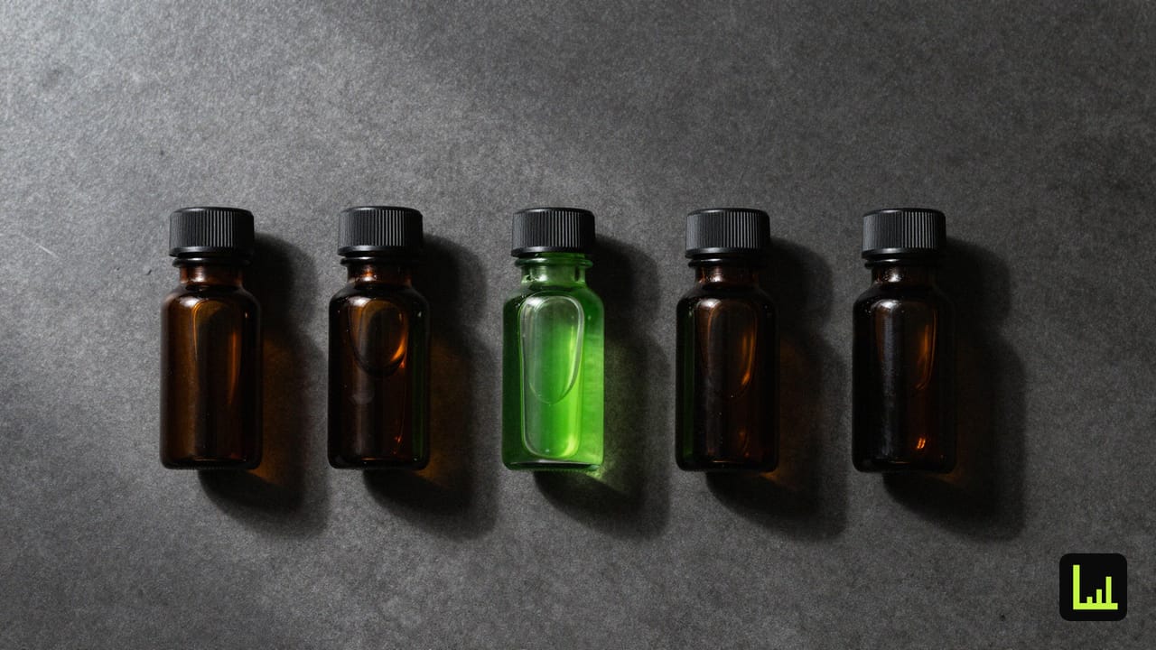 Five dark glass vials in a row on charcoal concrete with one filled lime-green, the scoring-band metaphor for an agency AI lead qualification rubric.