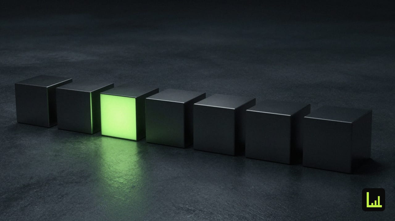 Seven identical matte-black cubes in a row on dark concrete, the middle cube glowing lime green, the visual for picking the right Drift alternative from seven options.