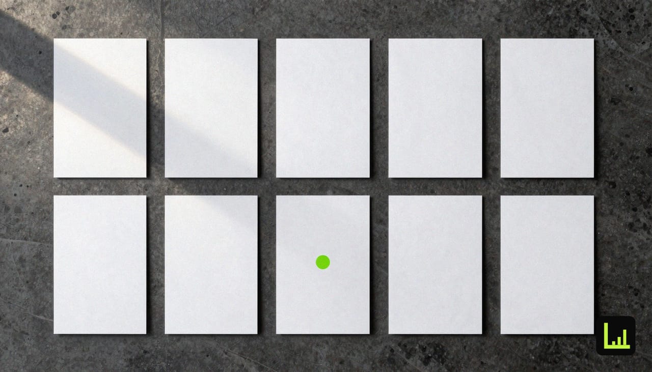 Seven blank index cards arranged in a grid on a dark desk with a lime-green marker on the centre card, the shortlist of Drift alternatives for SMBs.