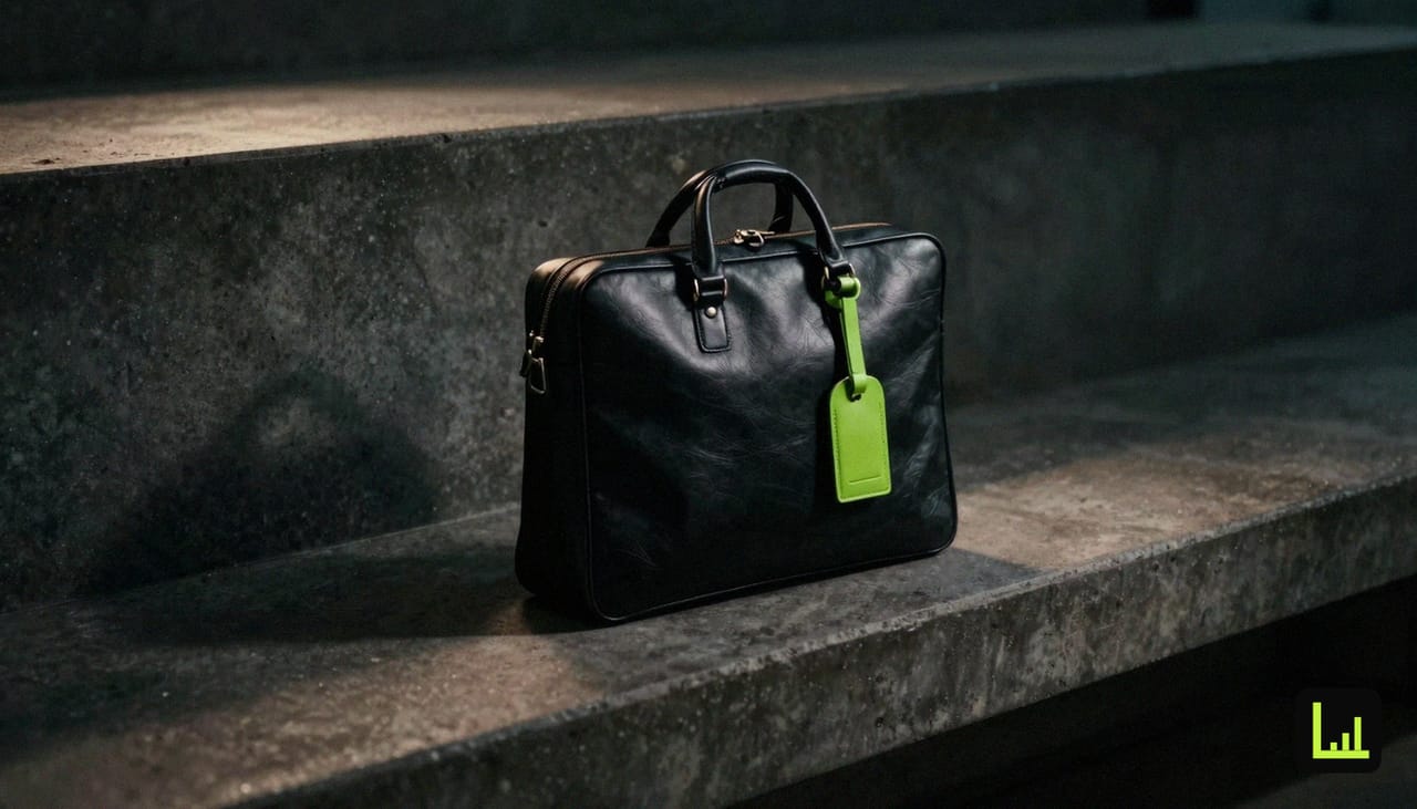 A closed black leather briefcase on a dark concrete bench with a lime-green luggage tag, the visual for preparing the exit conversation with Drift.