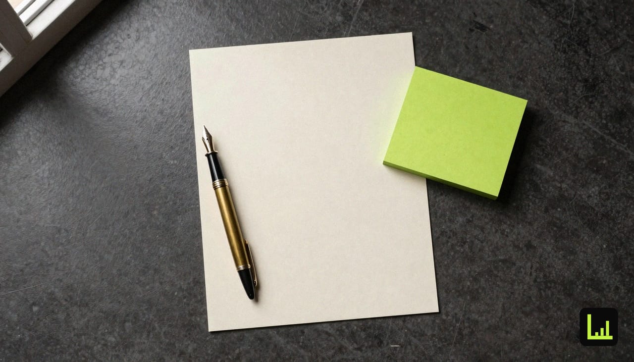 A brass fountain pen across a blank cream page with a lime-green note card on a dark desk, drafting the Drift contract refund request.