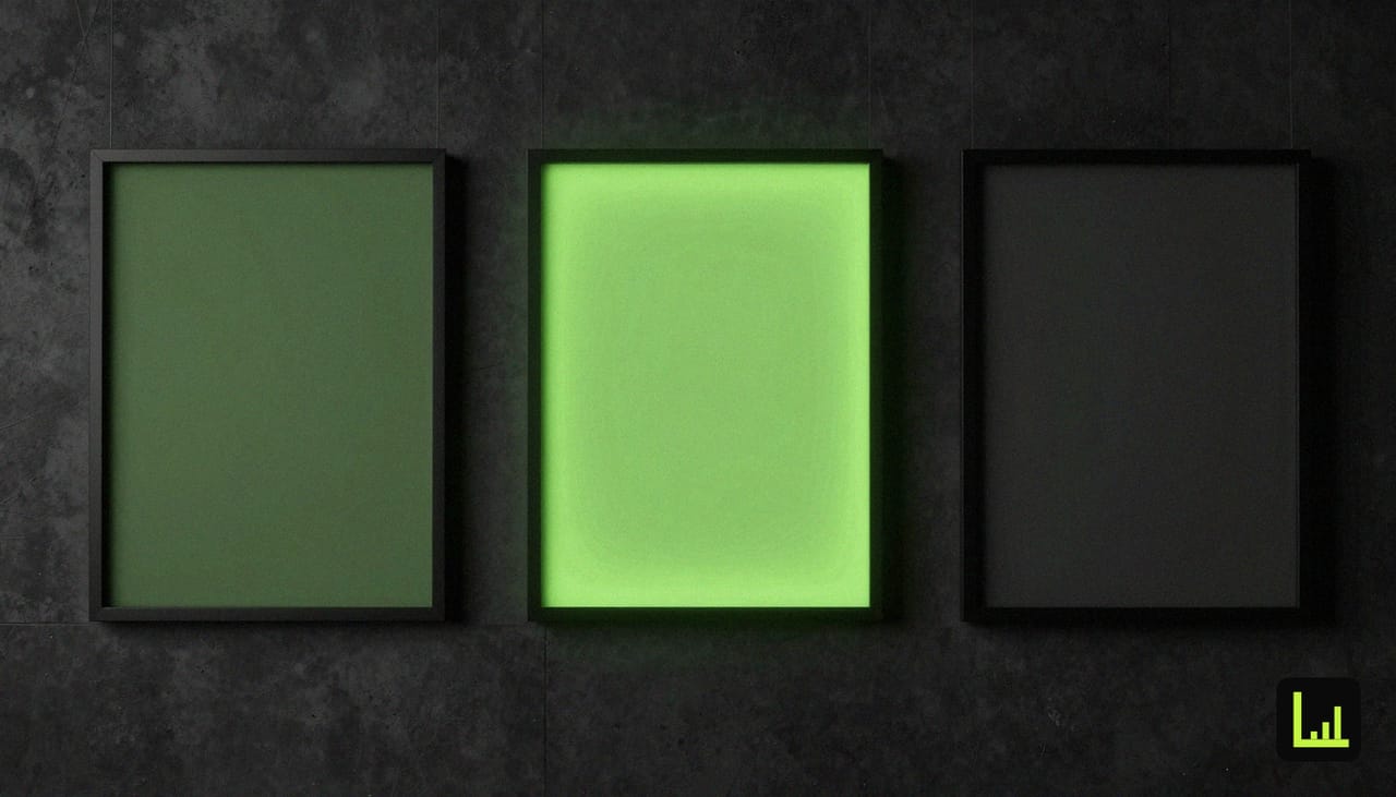 Three identical empty picture frames on a dark concrete wall with lime-green light glowing behind one, the visual for three patterns of migrating Drift playbooks.