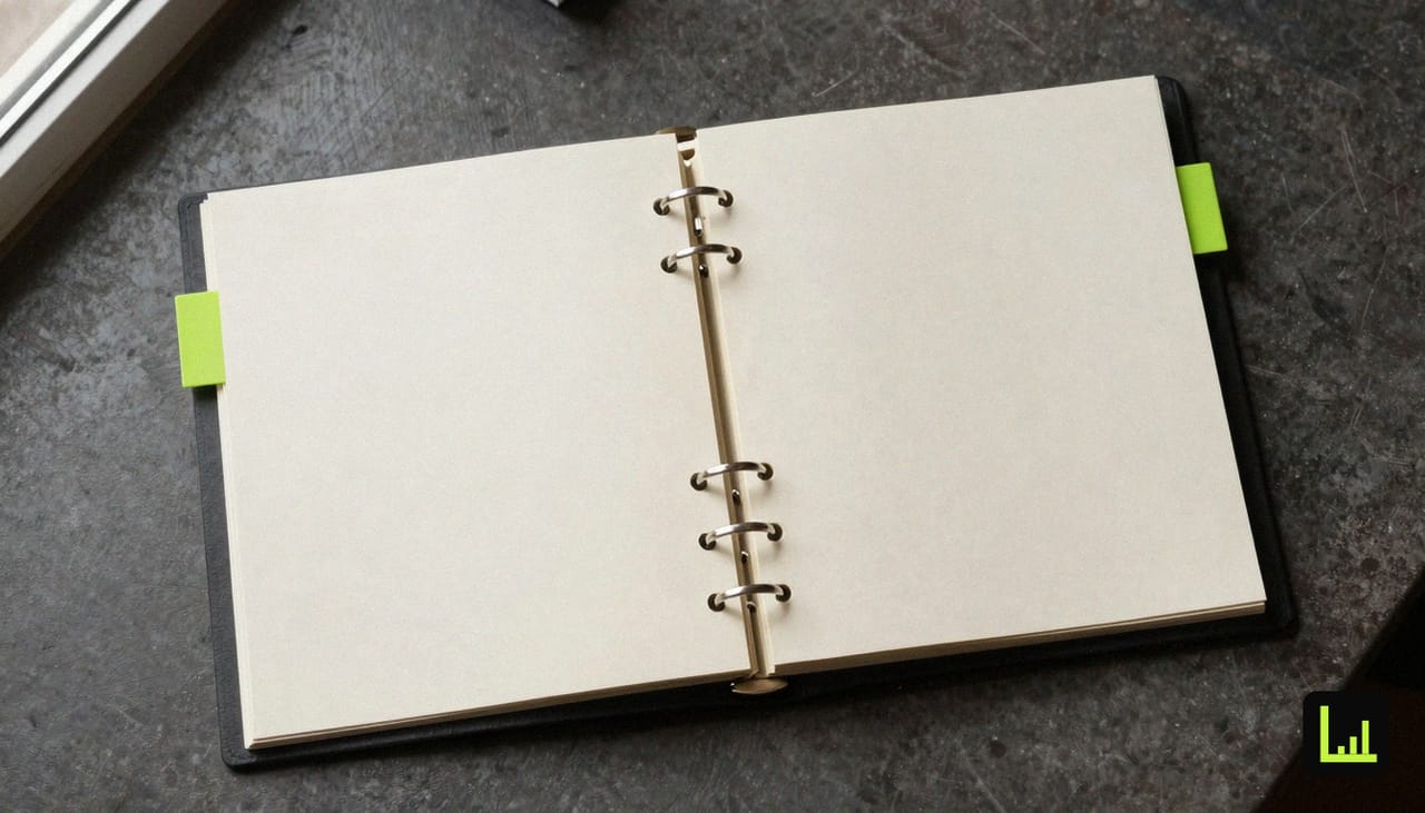 An open binder with three lime-green tabs on a dark desk, mapping Drift playbook patterns to LeadingPilot personas.