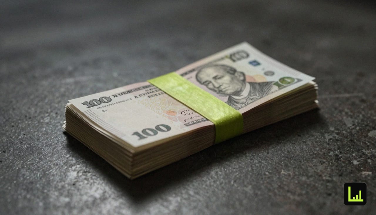 A neat stack of unmarked banknotes with a lime-green ribbon bookmark on dark concrete, the visual for Drift pricing in 2026 decoded.