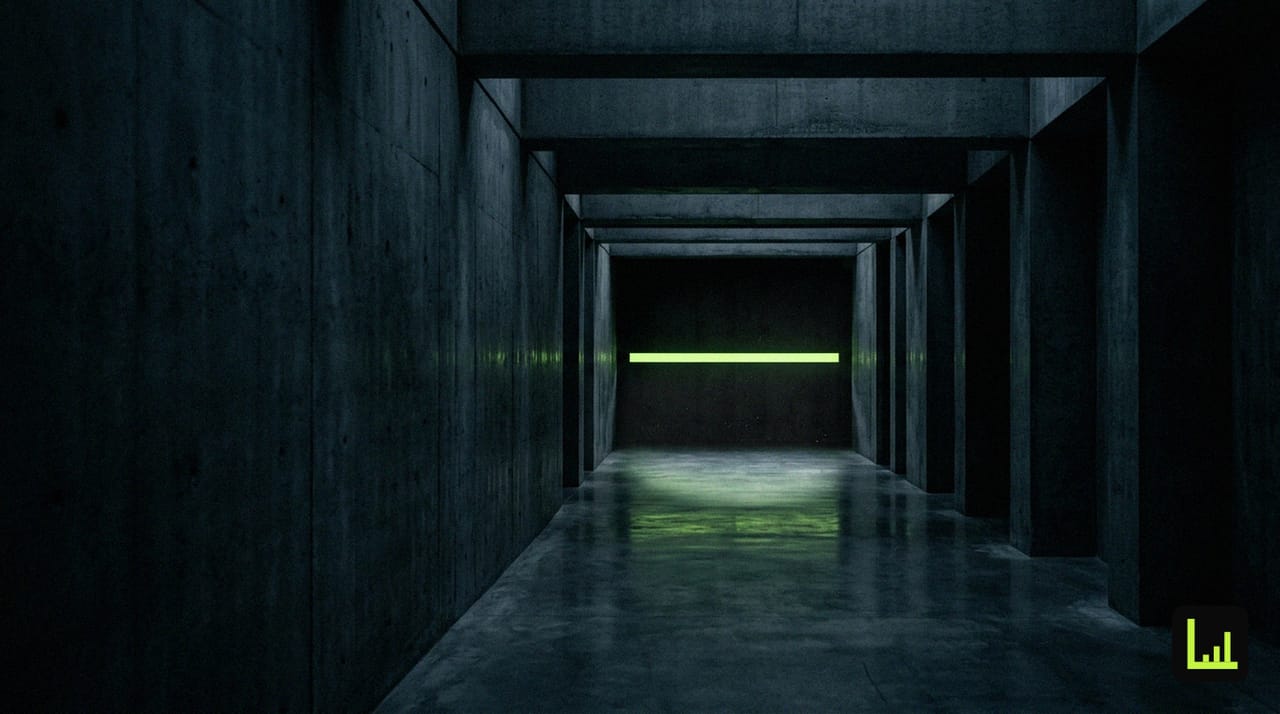 A dark concrete corridor with a single lime-green light at the far end, the visual for the Drift shutdown and the migration path to LeadingPilot.