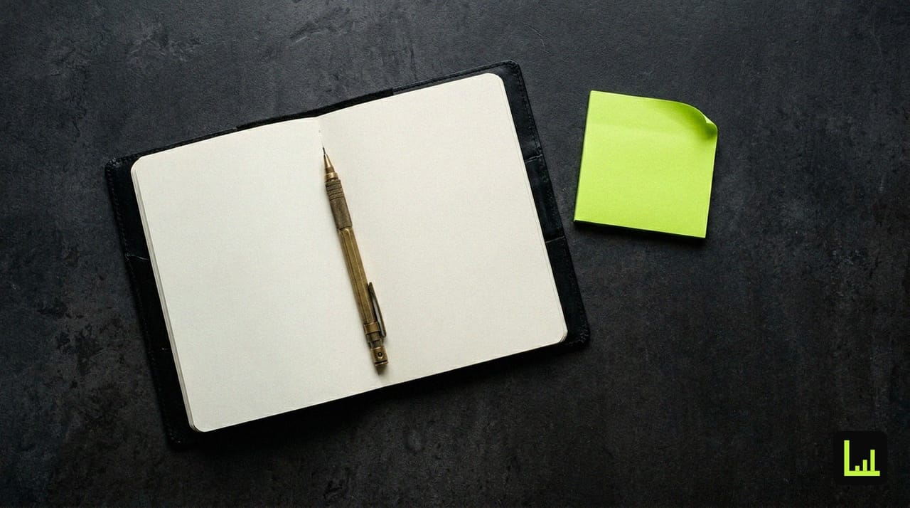 An open blank notebook with a brass mechanical pencil and a lime-green sticky note on a dark concrete desk, the moment of planning the Drift-to-LeadingPilot migration weekend.