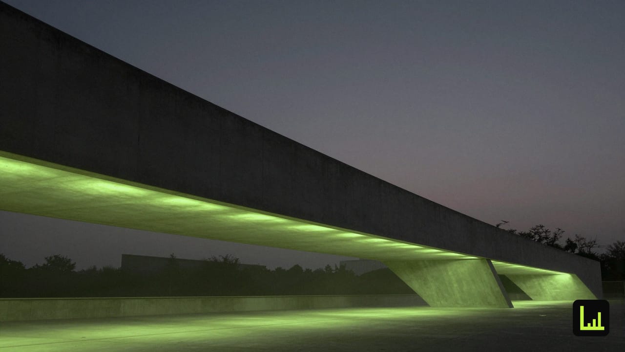 A modern pedestrian footbridge silhouetted at dusk with a lime-green LED strip glowing beneath, the visual for bridging the migration from Drift to Boei.
