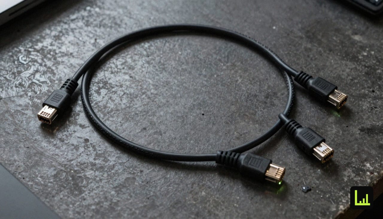A single braided ethernet cable arcing between two ports on a dark desk with a lime-green LED midway, the technical bridge of the Drift-to-Boei migration.