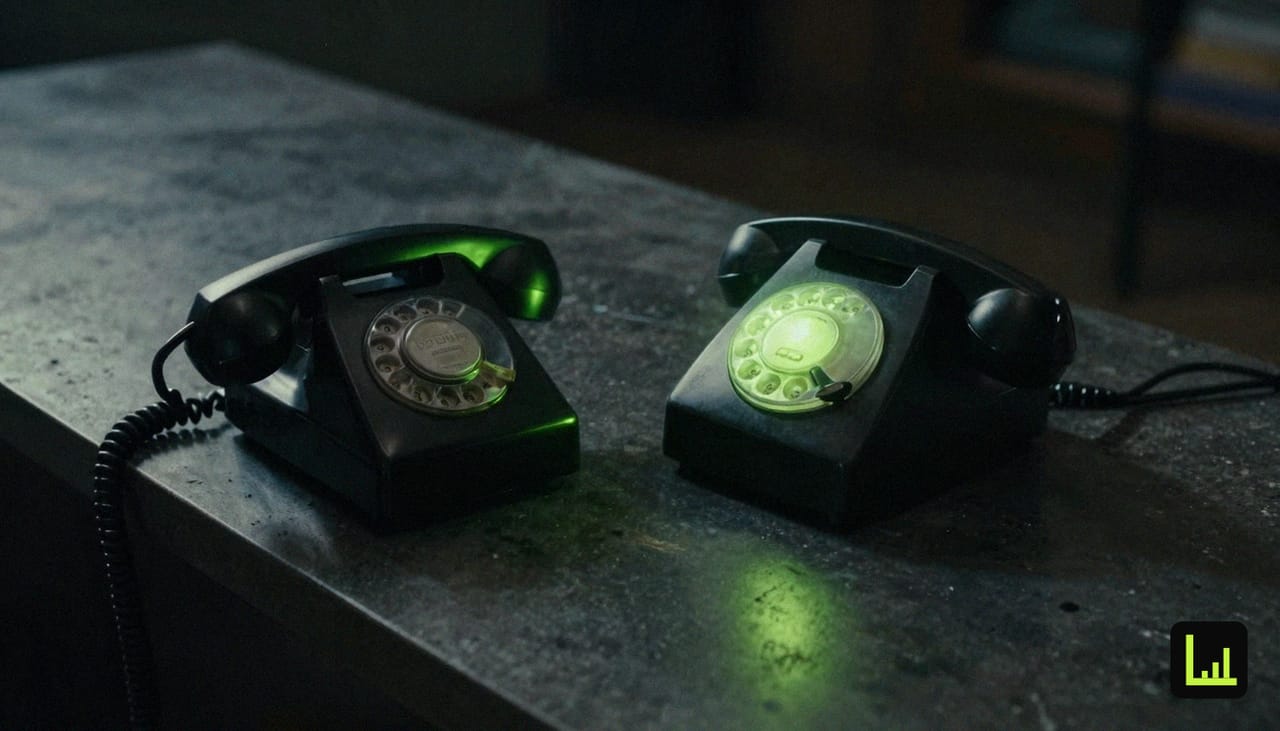 Two vintage rotary phone receivers facing each other on dark concrete, one glowing lime green, the visual for Drift conversational qualifier versus Intercom Fin support deflection.