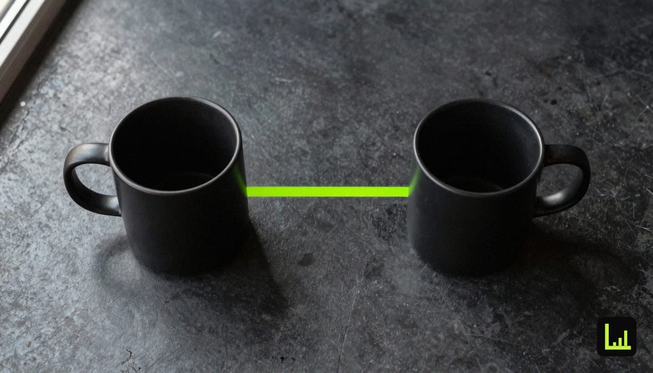 Two empty matte-black coffee cups facing each other on a dark desk with a lime-green line between them, the support-led versus sales-led decision behind the Drift-to-Intercom-Fin move.