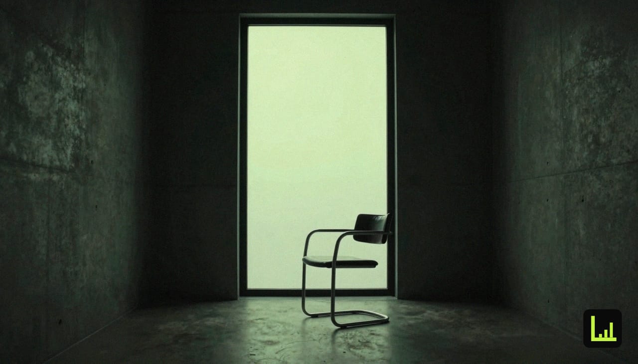 A single empty Bauhaus chair facing a dark window with lime-green light beyond, the visual for the case for staying with Drift through the Salesloft acquisition.