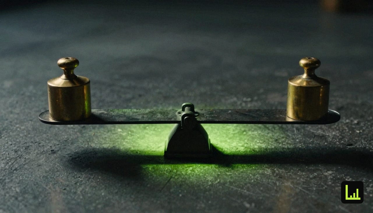 Two identical brass weights balanced on a dark concrete beam, the head-to-head visual for the Drift vs LeadingPilot comparison.