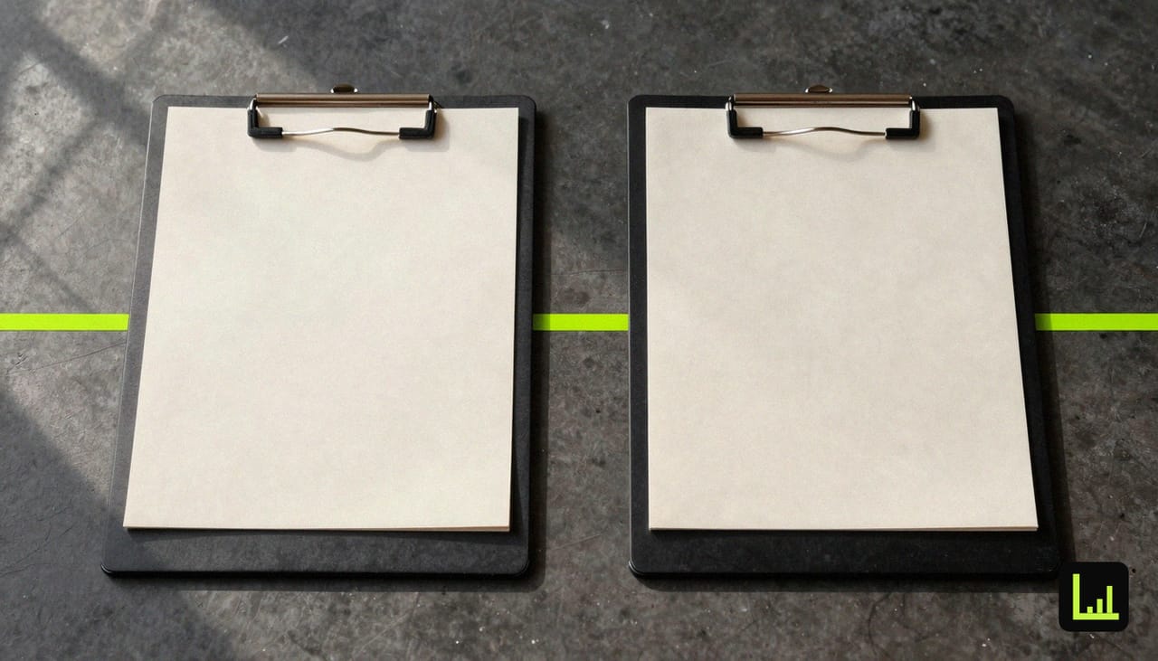 Two identical blank clipboards side by side on a dark concrete desk, the neutral side-by-side framing for the Drift vs LeadingPilot scoring rubric comparison.