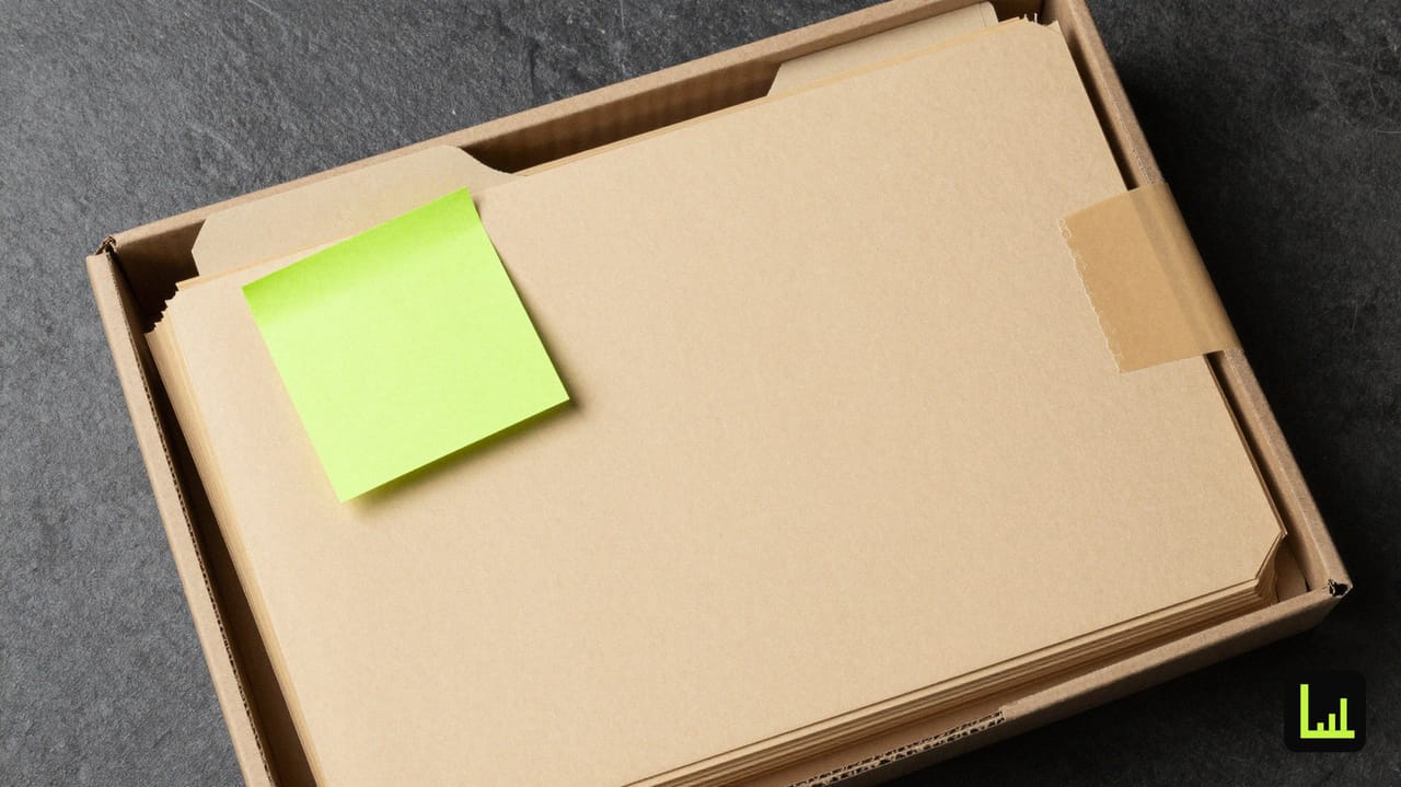 An opened cardboard box revealing stacked beige folders on a dark desk, the Drift conversation archive packed for safe transfer.